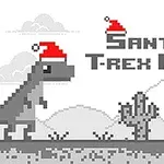 Šedý pixelovaný T-Rex s červenou santovskou čiapkou beží vedľa kaktusov na pozadí hôr