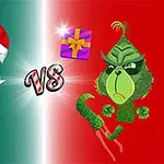 Santa Claus a zelená postava oproti sebe s nápisom VS uprostred a darčekom nad ním