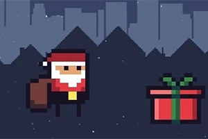 Pixelový Santa Claus s darčekom na tmavej nočnej krajine s hviezdami a mestským panorámou na pozadí