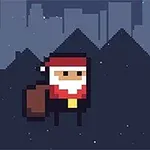 Pixelový Santa Claus s darčekom na tmavej nočnej krajine s hviezdami a mestským panorámou na pozadí