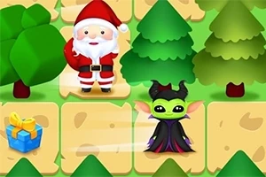 Santa Claus a malá postavička s rohmi na hernej mape s lesnými stromami a modrým darčekom