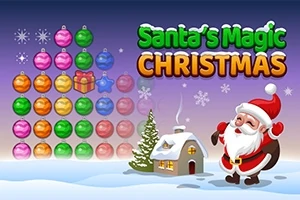 Santa Claus stojí v zasneženej krajine vedľa malého domčeka a vianočného stromčeka s farebnými guľami a darčekmi na tmavofialovom pozadí s nápisom