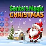 Santa Claus stojí v zasneženej krajine vedľa malého domčeka a vianočného stromčeka s farebnými guľami a darčekmi na tmavofialovom pozadí s nápisom