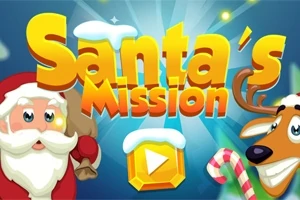 Santa Claus a sob s cukrovou palicou, s textom Santas Mission a tlačidlom play na modrom pozadí
