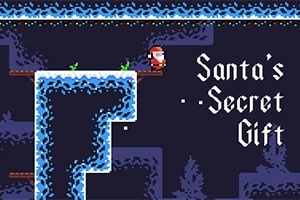 Pixelová grafika zasneženej krajiny s postavičkou Santa Clausa a nápisom Santas Secret Gift