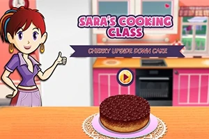 Ilustrácia ženy v kuchyni s čerešňovým koláčom na stole a nápisom Saras Cooking Class