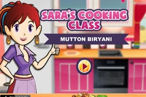 Kreslená postava ženy v kuchyni s nápisom Saras Cooking Class a Mutton Biryani na pozadí