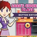 Kreslená postava ženy v kuchyni s nápisom Saras Cooking Class a Mutton Biryani na pozadí