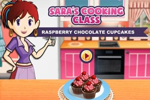 Kreslená postava v kuchyni s textom „Saras Cooking Class“ a tanierom malinových čokoládových cupcakes