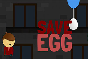 Postava chlapca vedľa nápisu „SAVE EGG“ a vajcia zaveseného na modrom balóne pred tmavým budovným pozadím