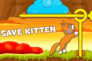 Oranžová mačka s veľkými očami stojí pri zlatom mechanizme podobnom koľajniciam, pričom nad ňou je nápis SAVE KITTEN na pozadí oranžovo-žltého neba a jaskynnej scenérie