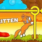 Oranžová mačka s veľkými očami stojí pri zlatom mechanizme podobnom koľajniciam, pričom nad ňou je nápis SAVE KITTEN na pozadí oranžovo-žltého neba a jaskynnej scenérie