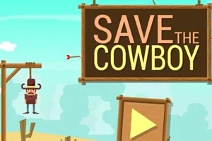 Kreslený kovboj visí na šibenici vedľa veľkého nápisu SAVE THE COWBOY a tlačidla v púštnej krajine
