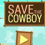 Kreslený kovboj visí na šibenici vedľa veľkého nápisu SAVE THE COWBOY a tlačidla v púštnej krajine