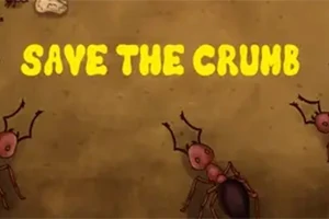 Mravce na hnedom pozadí s veľkým nápisom SAVE THE CRUMB