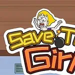 Karikatúrna ilustrácia ženy s vystrašeným výrazom nad nápisom „Save The Girl“ so symbolom bomby