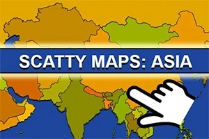 Mapa Ázie s farebne označenými štátmi, textom SCATTY MAPS: ASIA a symbolom ruky ukazujúcej na mapu