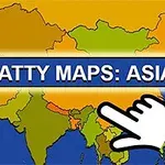 Mapa Ázie s farebne označenými štátmi, textom SCATTY MAPS: ASIA a symbolom ruky ukazujúcej na mapu