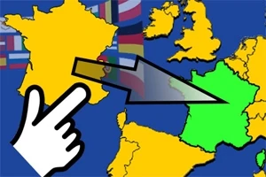 Mapa Európy s vyznačenou žltou a zelenou farbou na Francúzsku, s rukou a šípkou smerujúcou na Francúzsko