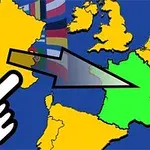 Mapa Európy s vyznačenou žltou a zelenou farbou na Francúzsku, s rukou a šípkou smerujúcou na Francúzsko