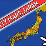 Farebná mapa Japonska s červeným nápisom a ikonou ukazujúcej ruky na modrom pozadí