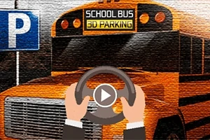 Školský autobus so znakom 3D Parking a rukami na volante pred parkovacou značkou