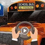 Školský autobus so znakom 3D Parking a rukami na volante pred parkovacou značkou