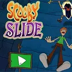 Animované postavy s vystrašenými výrazmi, sprevádzané psom, padajúce dolu jaskynným prostredím s nápisom Scooby Slide v žiarivých farbách