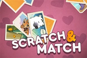 Rôznofarebné obrázky zvierat na ružovom pozadí s nápisom Scratch & Match