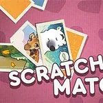 Rôznofarebné obrázky zvierat na ružovom pozadí s nápisom Scratch & Match