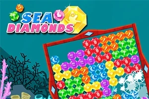 Farebná obrazovka s drahokamami usporiadanými do radu na podmorskom pozadí s logom „Sea Diamonds“