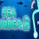 Podmorská scéna s rybami, potrubím a žralokmi na tmavomodrom pozadí s nápisom Sea Plumber 2