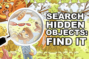 Ilustrácia muža s lupou skúmajúcou objekty na pozadí farebného lesa s veľkým textom „SEARCH HIDDEN OBJECTS: FIND IT“