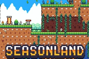 Pixlový terén s platformami, rastlinami a názvom SEASONLAND v dolnej časti