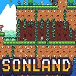 Pixlový terén s platformami, rastlinami a názvom SEASONLAND v dolnej časti