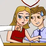 Muž s nahnevaným výrazom a plešatou hlavou ukazuje na mladý pár, ktorý vyzerá nervózne; žena má blond vlasy a muž sa potí, pričom za nimi je srdce