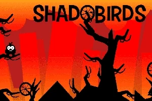 Siluety stromov a postáv umiestnené na červenom pozadí s nápisom SHADOBIRDS hore