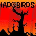 Siluety stromov a postáv umiestnené na červenom pozadí s nápisom SHADOBIRDS hore