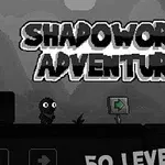 Postava v tmavom tieňovom prostredí s nápisom SHADOW WORLD ADVENTURE a šípkou naznačujúcou smer v hre, na pozadí sú hory