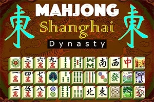 Mahjong Shanghai Dynasty s farebnými dlaždicami a veľkými znakmi na drevenom pozadí