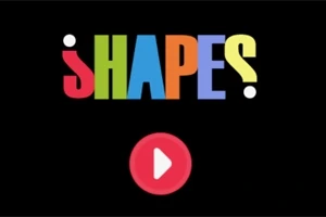 Farebné slovo SHAPES nad červeným tlačidlom prehrávania na čiernom pozadí