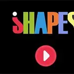 Farebné slovo SHAPES nad červeným tlačidlom prehrávania na čiernom pozadí