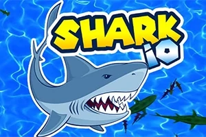 Kreslený žralok s otvorenými ústami pláva v modrej vode s názvom Shark io