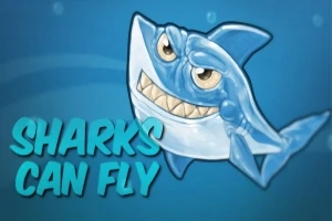 Usmievajúci sa kreslený žralok s nápisom Sharks Can Fly na modrom pozadí