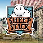 Ovce na sebe navzájom postavené pred kamenným domom s logom Sheep Stack v popredí
