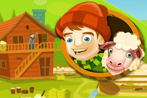 Ilustrácia chlapca v červenej čiapke so zeleným šálom a ovce pred dreveným domom na vidieku