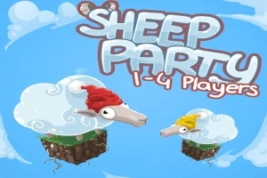 Ilustrácia s dvoma ovcami na malých plávajúcich ostrovčekoch, ovce majú červené a žlté čiapky, na modrom pozadí s nápisom Sheep Party 1-4 Players
