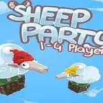 Ilustrácia s dvoma ovcami na malých plávajúcich ostrovčekoch, ovce majú červené a žlté čiapky, na modrom pozadí s nápisom Sheep Party 1-4 Players