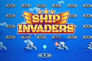 Farebný nápis SHIP INVADERS na pozadí mora s loďkami a skalami