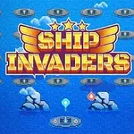 Farebný nápis SHIP INVADERS na pozadí mora s loďkami a skalami